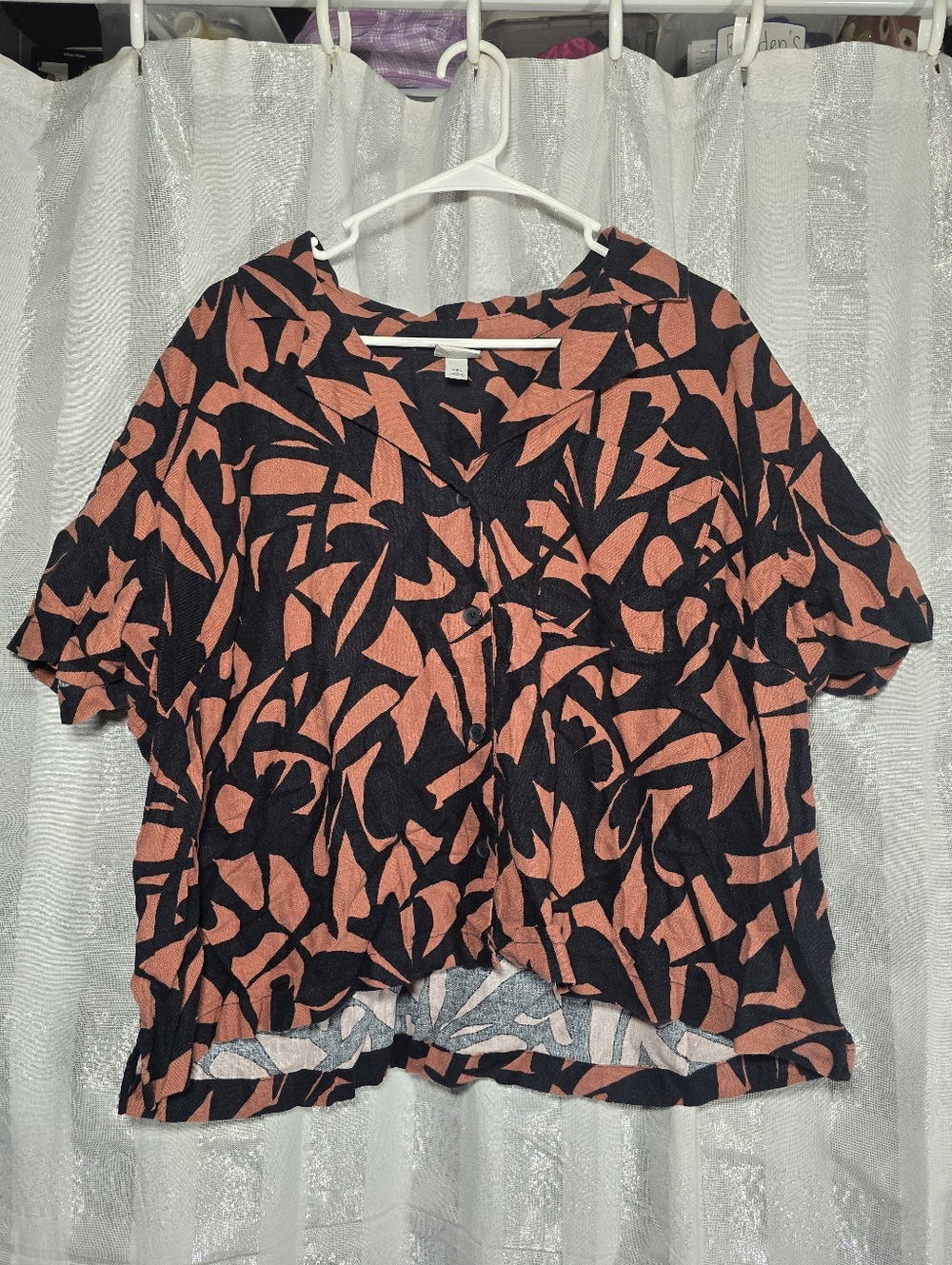 Croppes Black and Coral Abstract Button-Front Short Sleeve Top